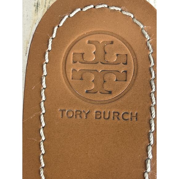 Tory Burch Womens 10 Blue Gold Leighanne Bow Slip-On Logo Thong Sandals - Picture 11 of 11